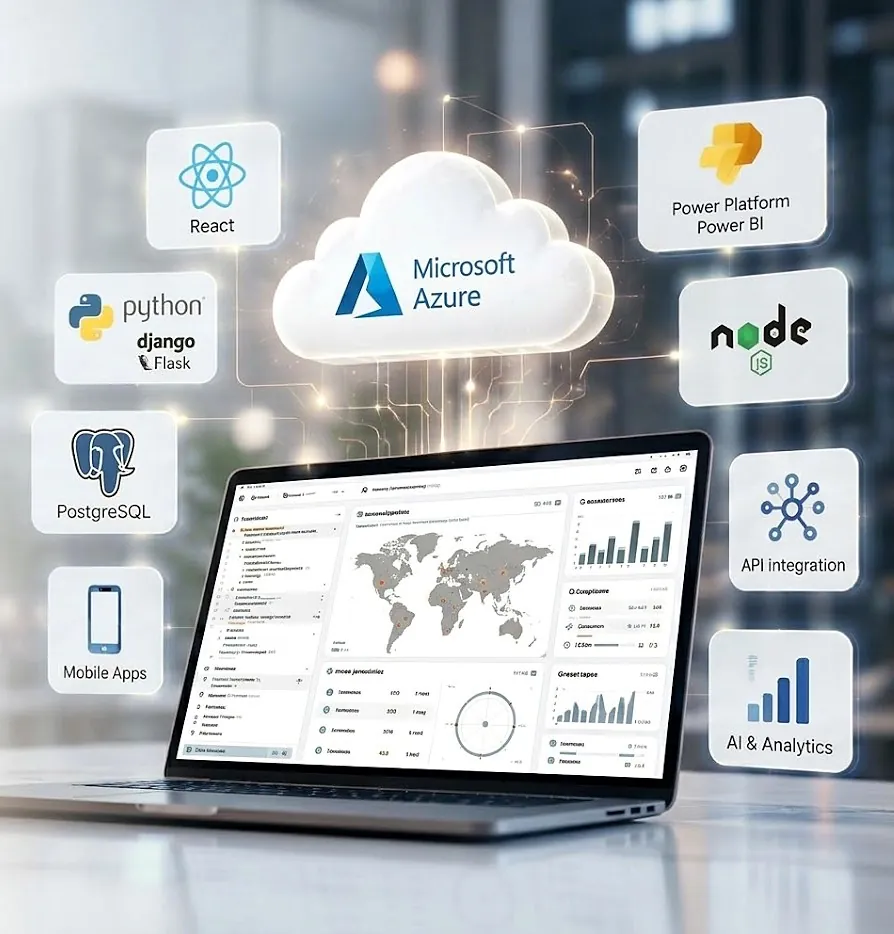A dashboard on a laptop surrounded by the technologies we use: Microsoft Azure, React, Python, PostgreSQL, Node.js, Power BI, API integration and AI & analytics