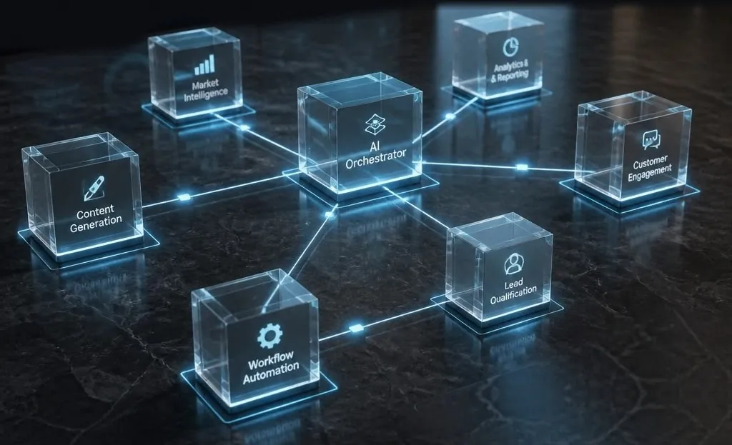 Click to enlarge Glass cubes representing connected AI modules (content generation, market intelligence, analytics and reporting, customer engagement, lead qualification and workflow automation) linked to a central AI orchestrator